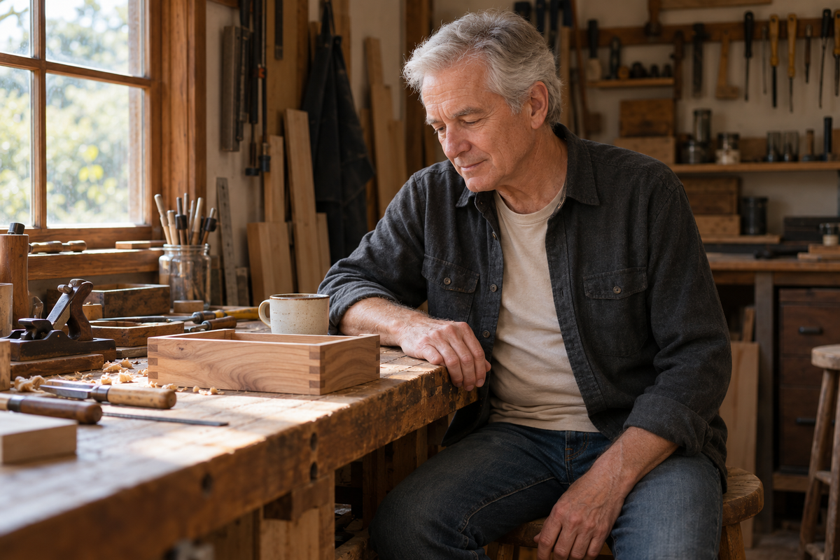 Illustrative workshop scene: a man pauses beside his woodworking project