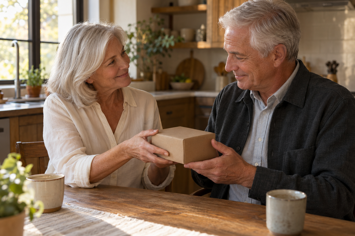 Illustrative gift moment with an unbranded closed box