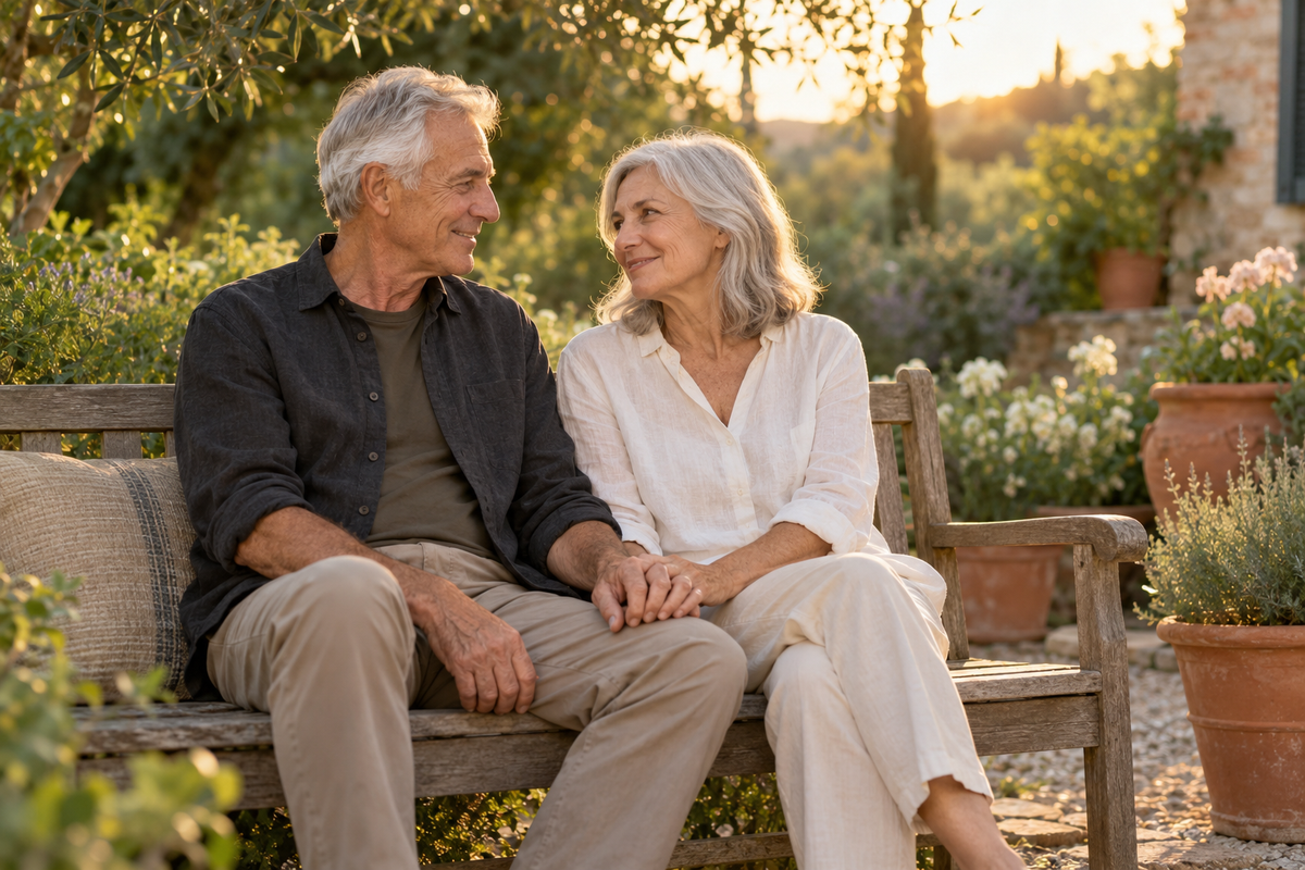 Illustrative older couple holding hands in a garden