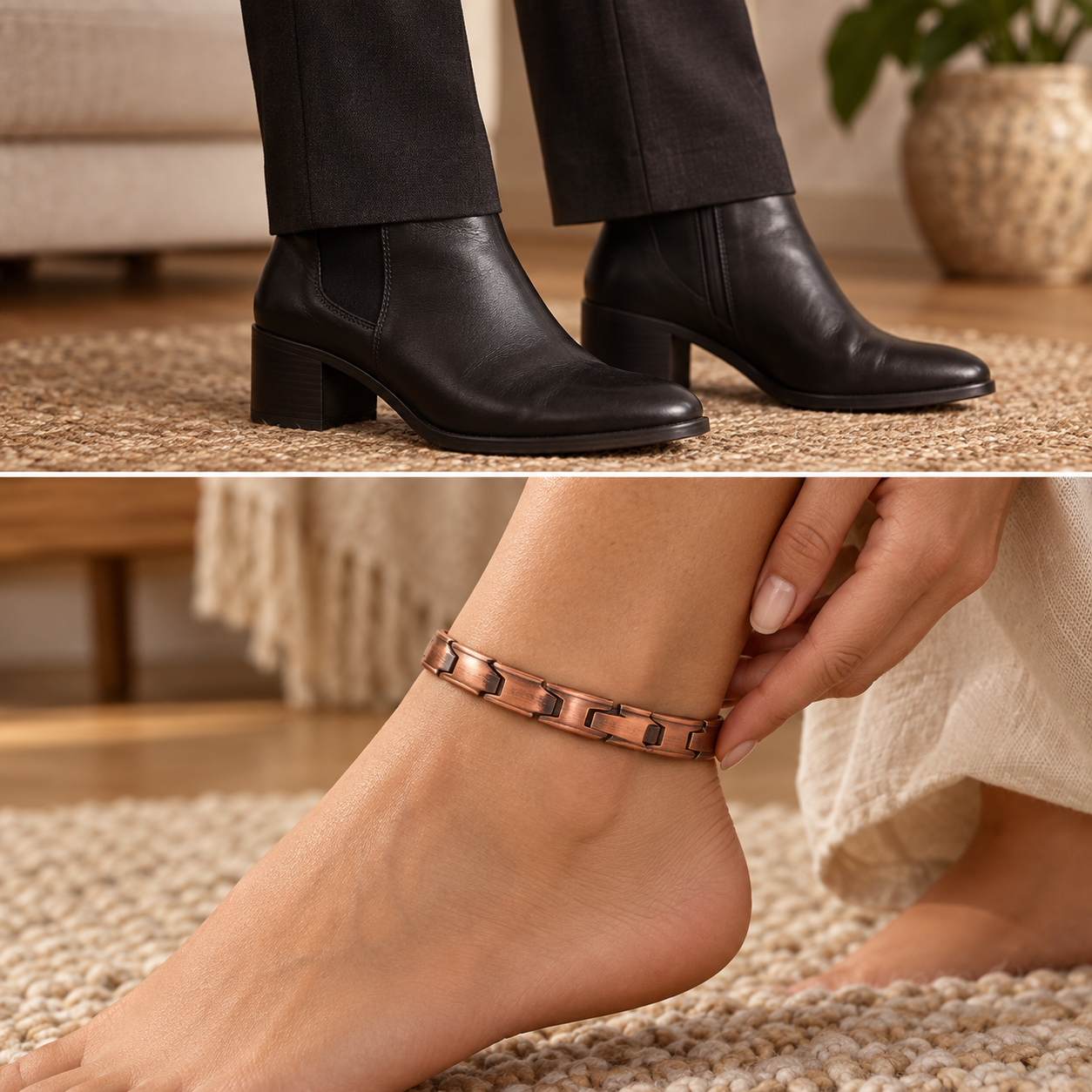 An ankle covered by a boot above a close-up of the anklet worn on bare skin