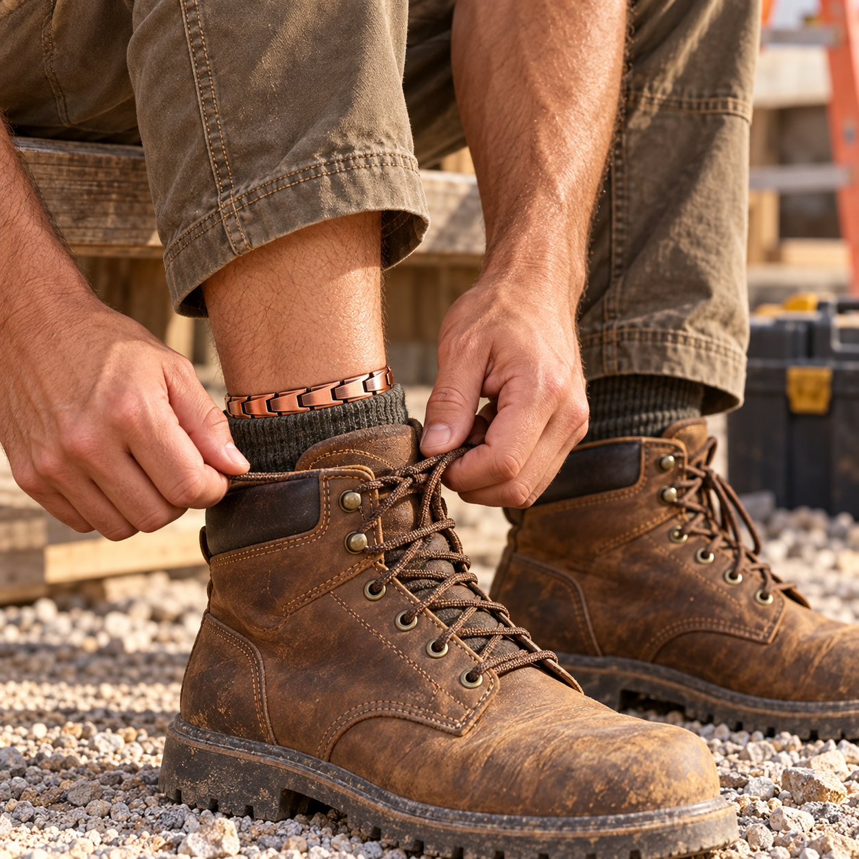 A work boot being laced with a glimpse of a narrow copper anklet