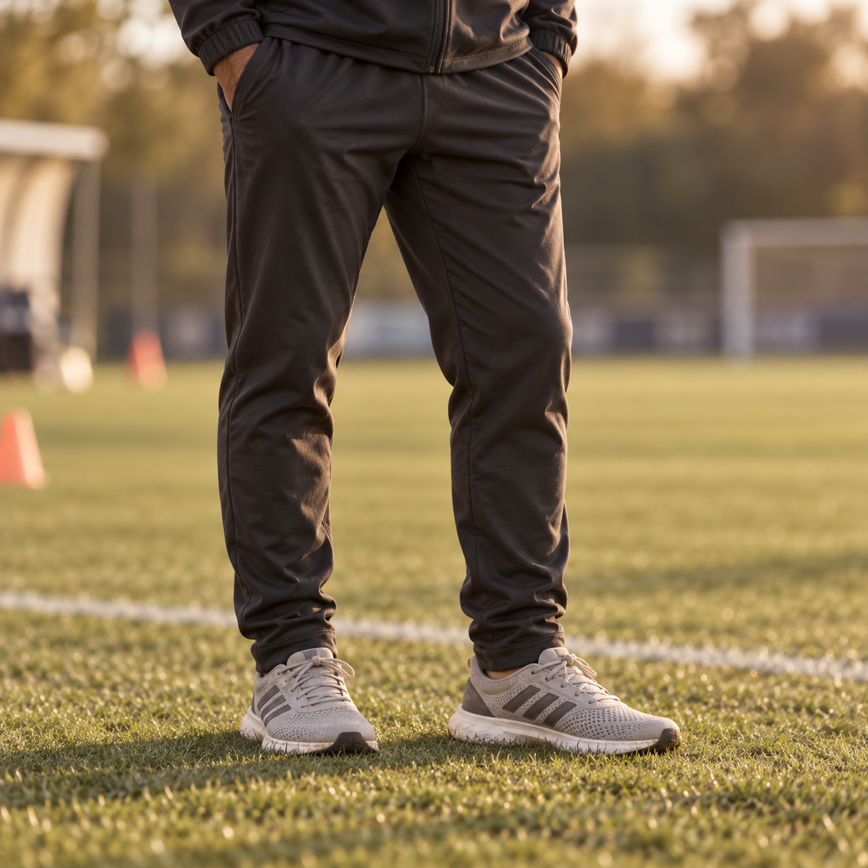 Tracksuit trousers and trainers beside a playing field