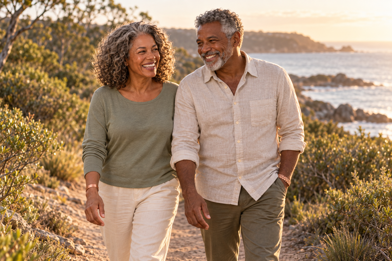 Illustrative scene of Terri and Daniel walking together on a coastal trail