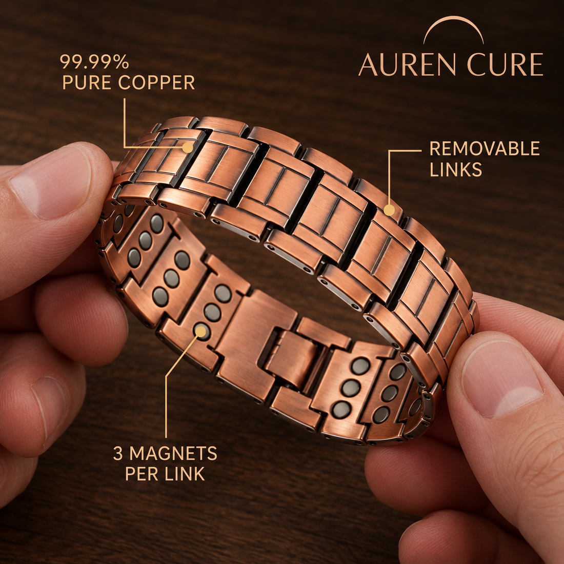 Auren Link copper bracelet showing its construction and inner magnets
