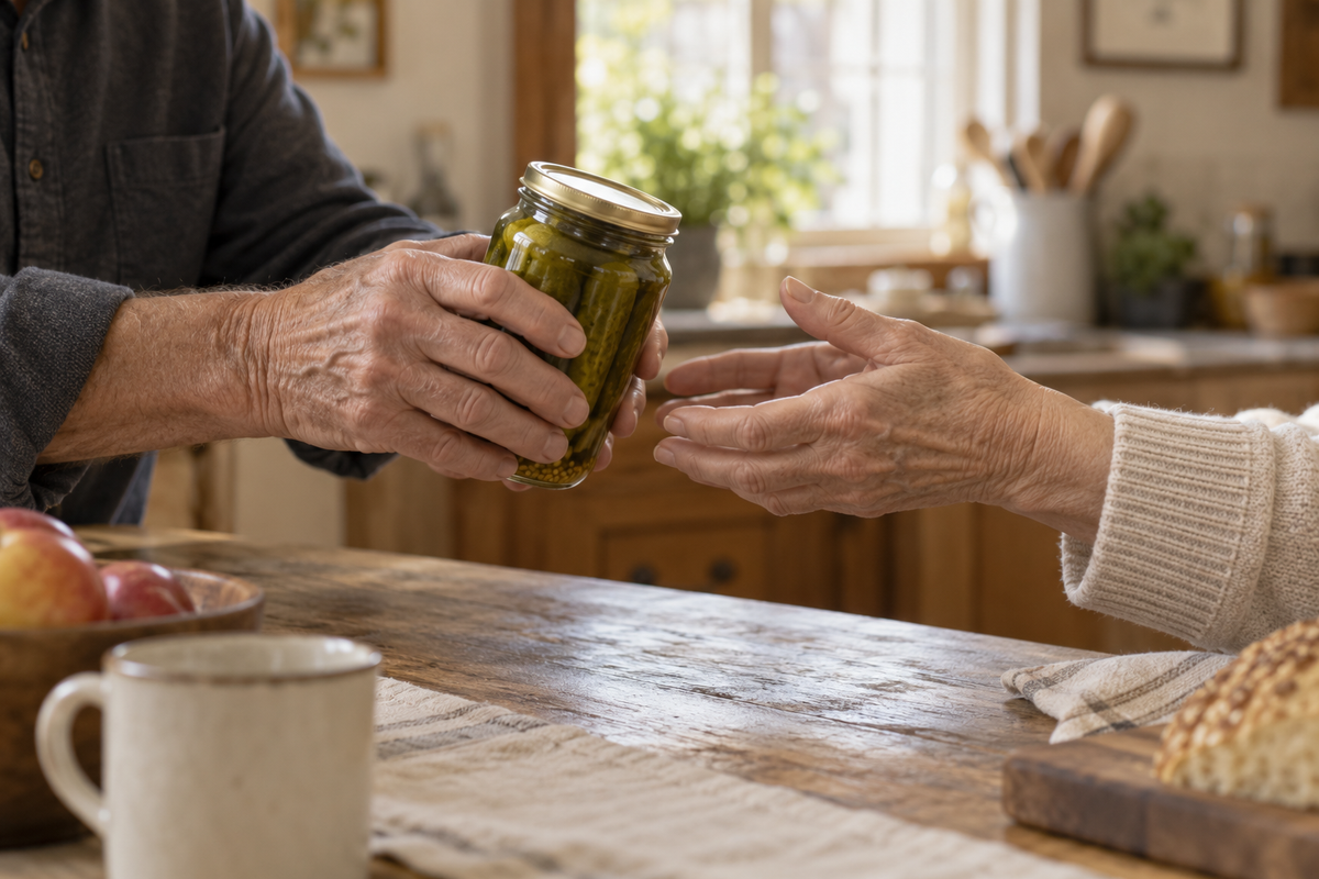 Illustrative kitchen scene: an older man passes a jar to his partner