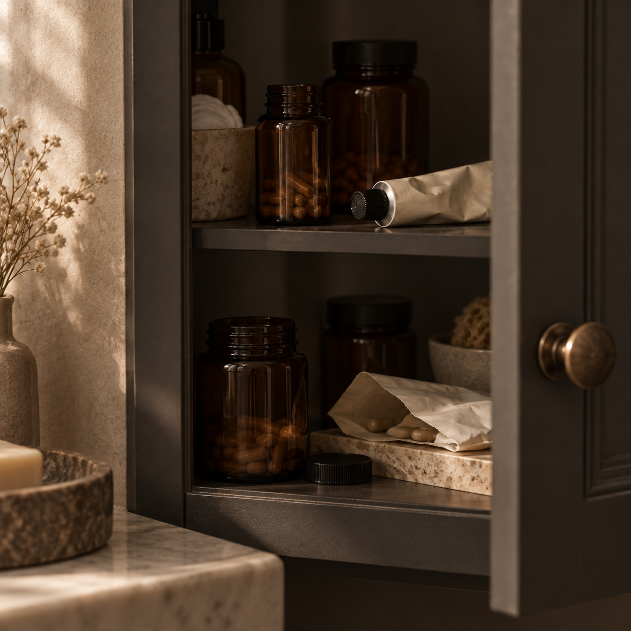 A softly lit bathroom cabinet with bottles and a tube of cream