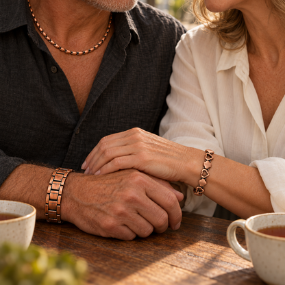 Couple wearing Classic Auren Link, Heart-Link and Smooth Link necklace