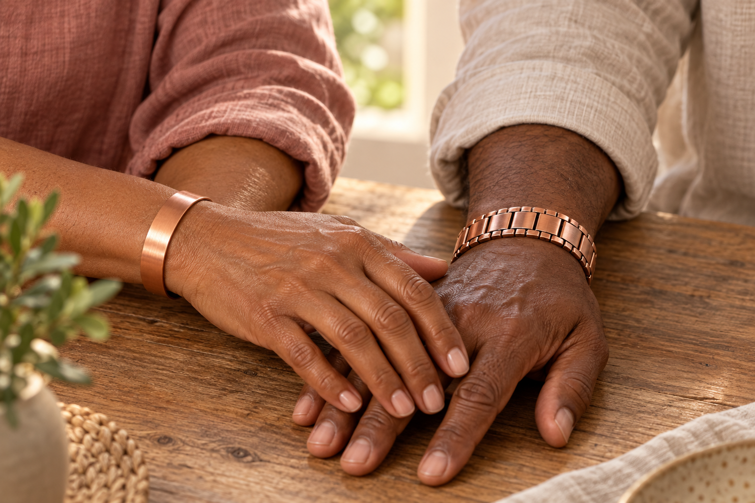 Illustrative close-up of copper bracelets worn by a couple, resting their hands together